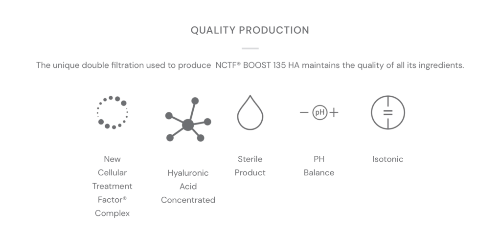 An image highlighting the powerful ingredients in NCTF Boost 135 HA known for their ability to boost skin hydration and vitality for a radiant complexion