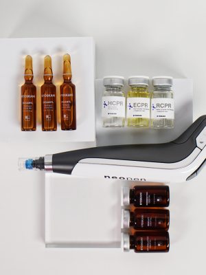 An image showcasing various mesoneedling treatment products, each designed to enhance skin texture and appearance for a rejuvenated look.